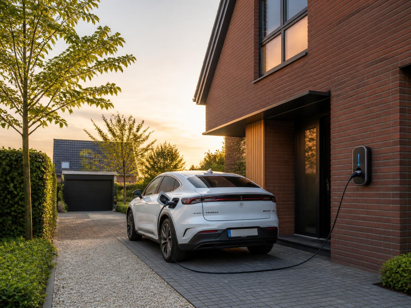Elektrische auto laadt aan een wandlaadpunt bij een Nederlandse woning